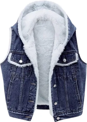yardsong Women's Sherpa Fleece Lined Denim Vest Button Down Hooded Sleeveless Warm Jean Jacket Casual Comfy Outerwear