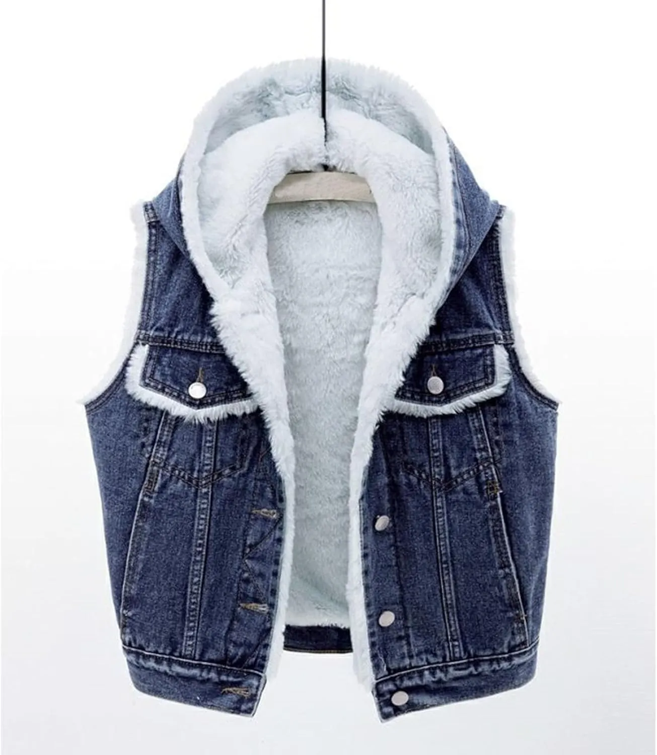 yardsong Women's Sherpa Fleece Lined Denim Vest Button Down Hooded Sleeveless Warm Jean Jacket Casual Comfy Outerwear