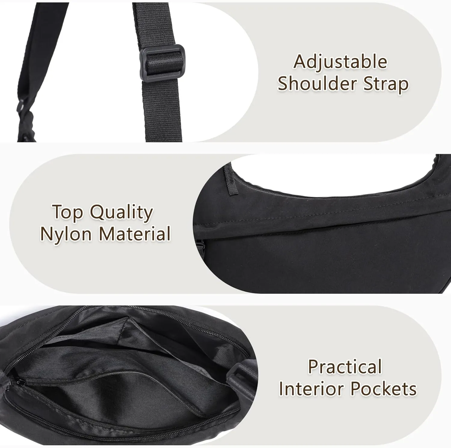 YIKOEE Crescent Crossbody Bag for Women Nylon Shoulder Hobo Purse with Adjustable Strap