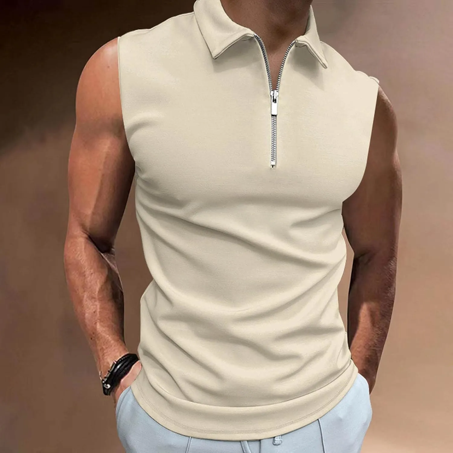 Ymosrh Men's Tank Top Undershirt Quarter Zipper Sleeveless Polo Shirts Casual Slim Fit Tank Shirt for Men, S-3XL