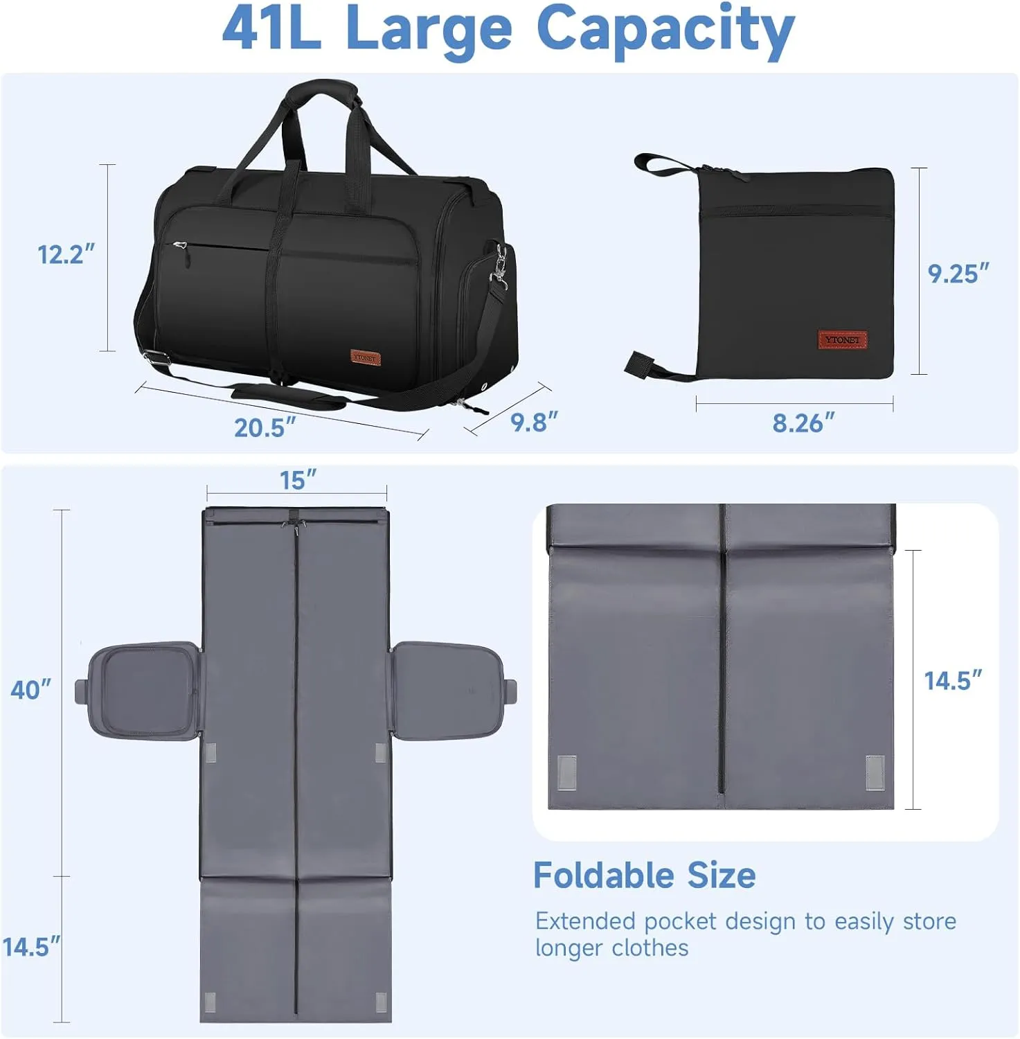 Ytonet Garment Bags for Travel, Foldable Garment Duffle Bags for Women men, Convertible Travel Garment Bag with Shoe Compartment, 2 in 1 Hanging Suitcase Suit Water Resistant Weekender Bag, Black