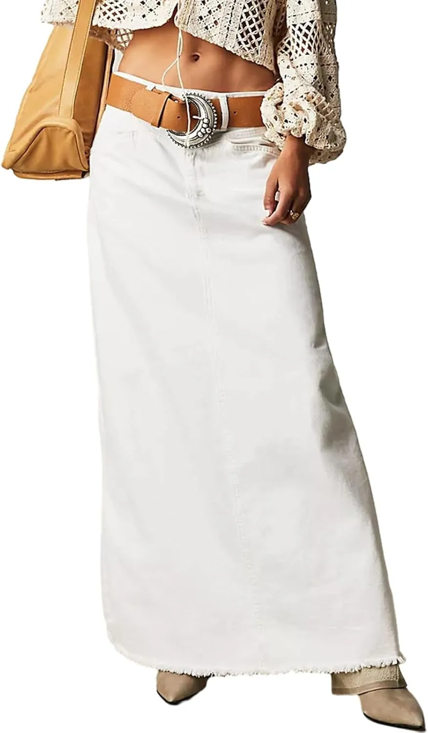 YUTANRAL Long Denim Skirt for Women Trendy Casual A-Line Maxi Skirt High Waisted Jean Skirt with Pockets