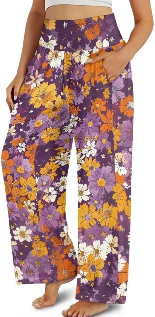 Yuuxorilu Womens Wide Leg Palazzo Pants Casual High Waist Flowy Trousers Loose Lounge Pant with Pockets