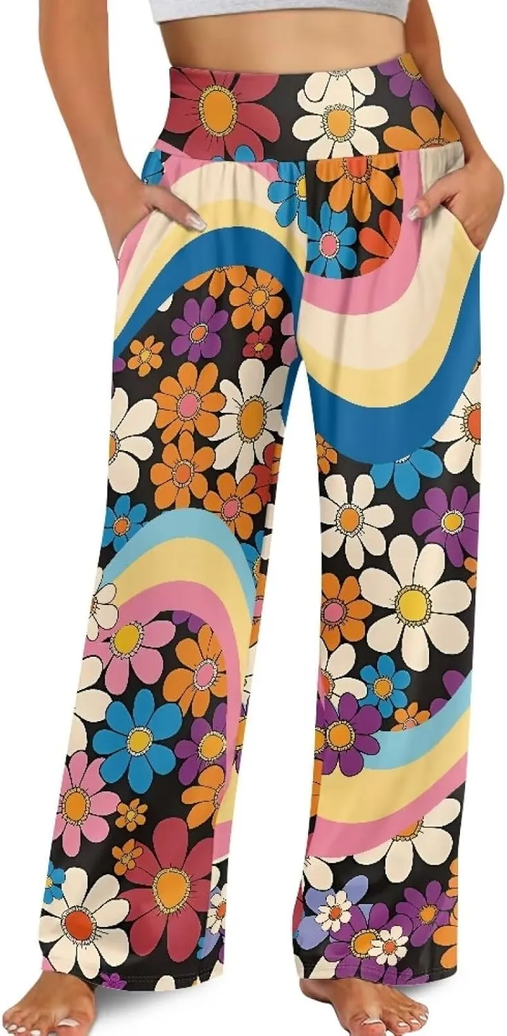 Yuuxorilu Womens Wide Leg Palazzo Pants Casual High Waist Flowy Trousers Loose Lounge Pant with Pockets
