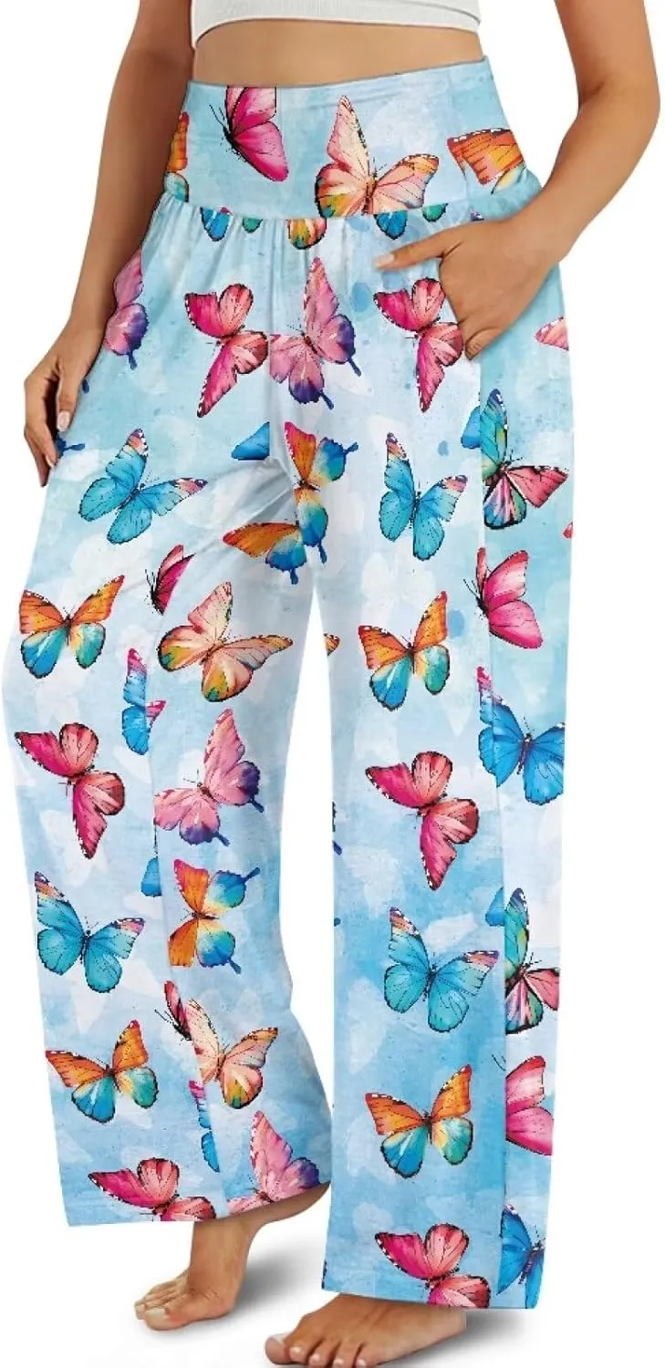 Yuuxorilu Womens Wide Leg Palazzo Pants Casual High Waist Flowy Trousers Loose Lounge Pant with Pockets