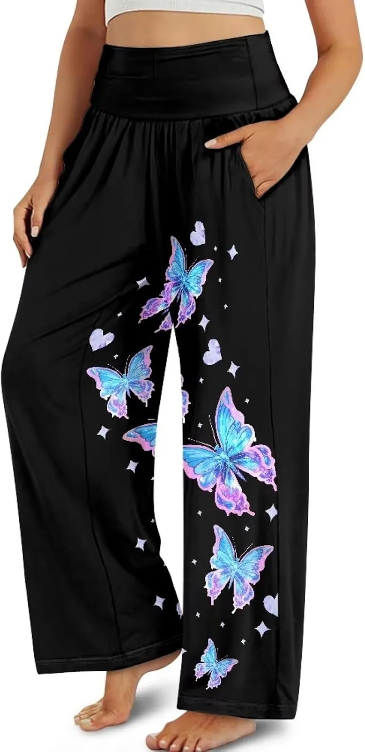 Yuuxorilu Womens Wide Leg Palazzo Pants Casual High Waist Flowy Trousers Loose Lounge Pant with Pockets