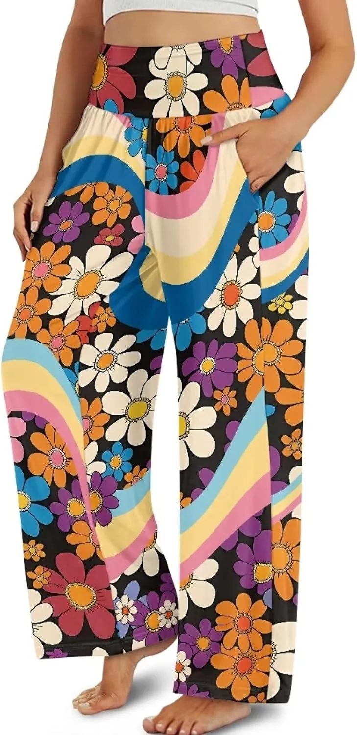 Yuuxorilu Womens Wide Leg Palazzo Pants Casual High Waist Flowy Trousers Loose Lounge Pant with Pockets