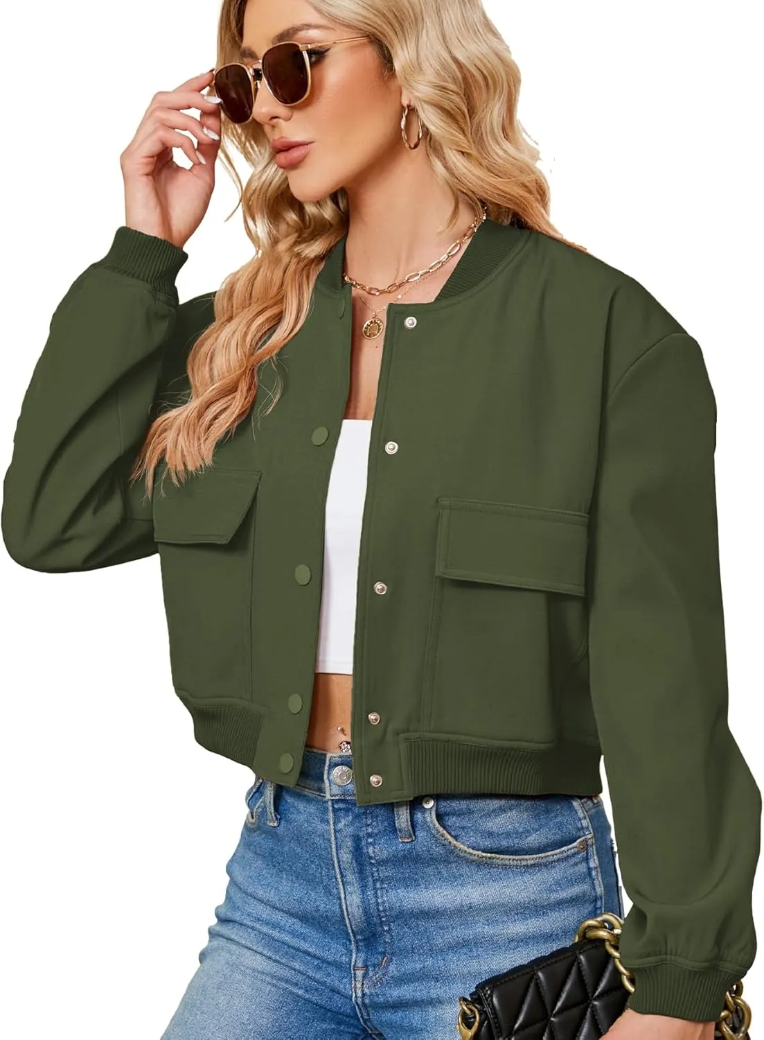 Zando Womens Bomber Jacket Button Down Short Cropped Jackets Long Sleeve Baseball Varsity Jacket Casual Jackets with Pockets