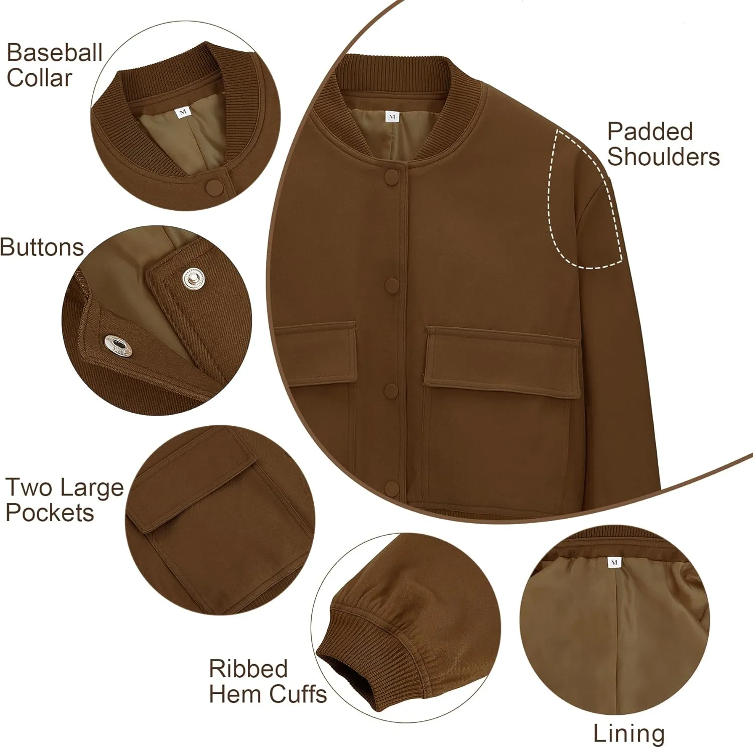 Zando Womens Bomber Jacket Button Down Short Cropped Jackets Long Sleeve Baseball Varsity Jacket Casual Jackets with Pockets