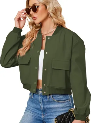 Zando Womens Bomber Jacket Button Down Short Cropped Jackets Long Sleeve Baseball Varsity Jacket Casual Jackets with Pockets