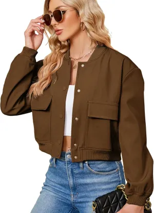 Zando Womens Bomber Jacket Button Down Short Cropped Jackets Long Sleeve Baseball Varsity Jacket Casual Jackets with Pockets
