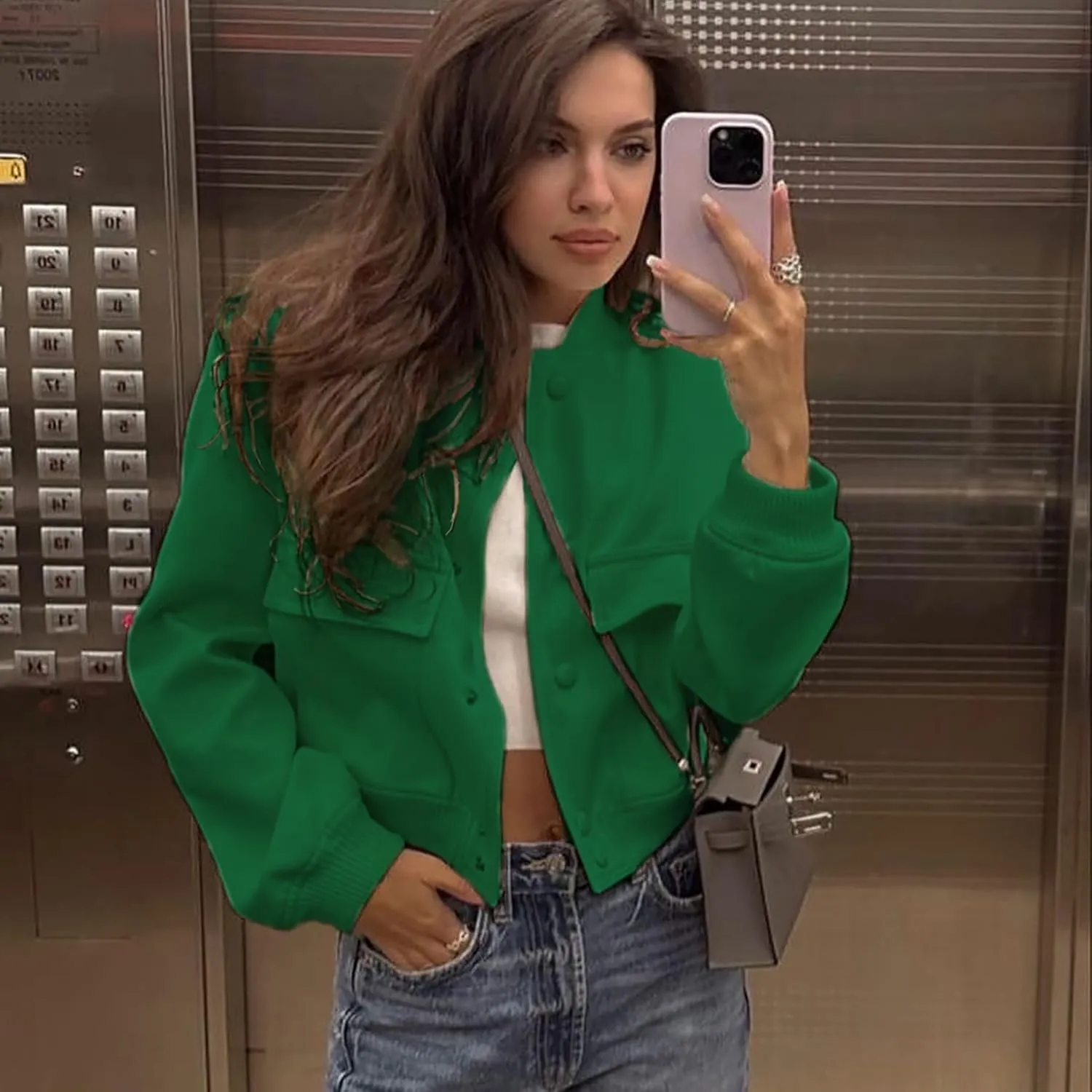 Zando Womens Bomber Jacket Button Down Short Cropped Jackets Long Sleeve Baseball Varsity Jacket Casual Jackets with Pockets