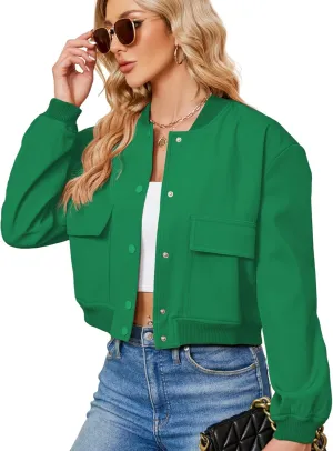 Zando Womens Bomber Jacket Button Down Short Cropped Jackets Long Sleeve Baseball Varsity Jacket Casual Jackets with Pockets