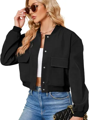 Zando Womens Bomber Jacket Button Down Short Cropped Jackets Long Sleeve Baseball Varsity Jacket Casual Jackets with Pockets