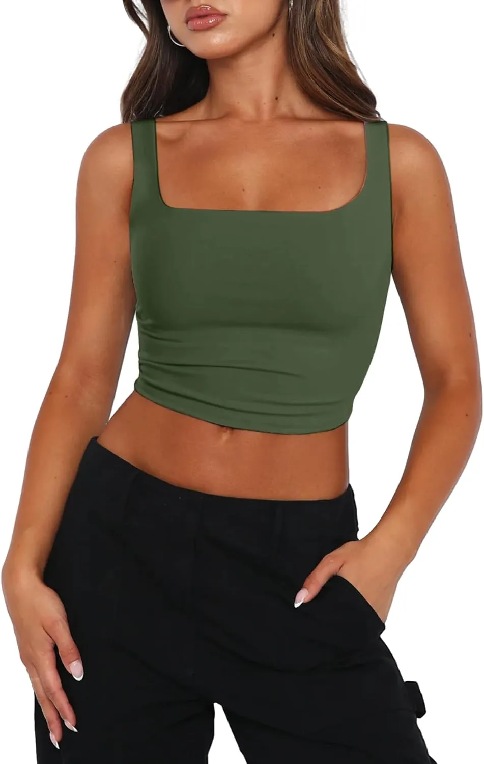 Zeagoo Womens Sleeveless Square Neck Workout Fitness Casual Basic Crop Tank Top Army Green