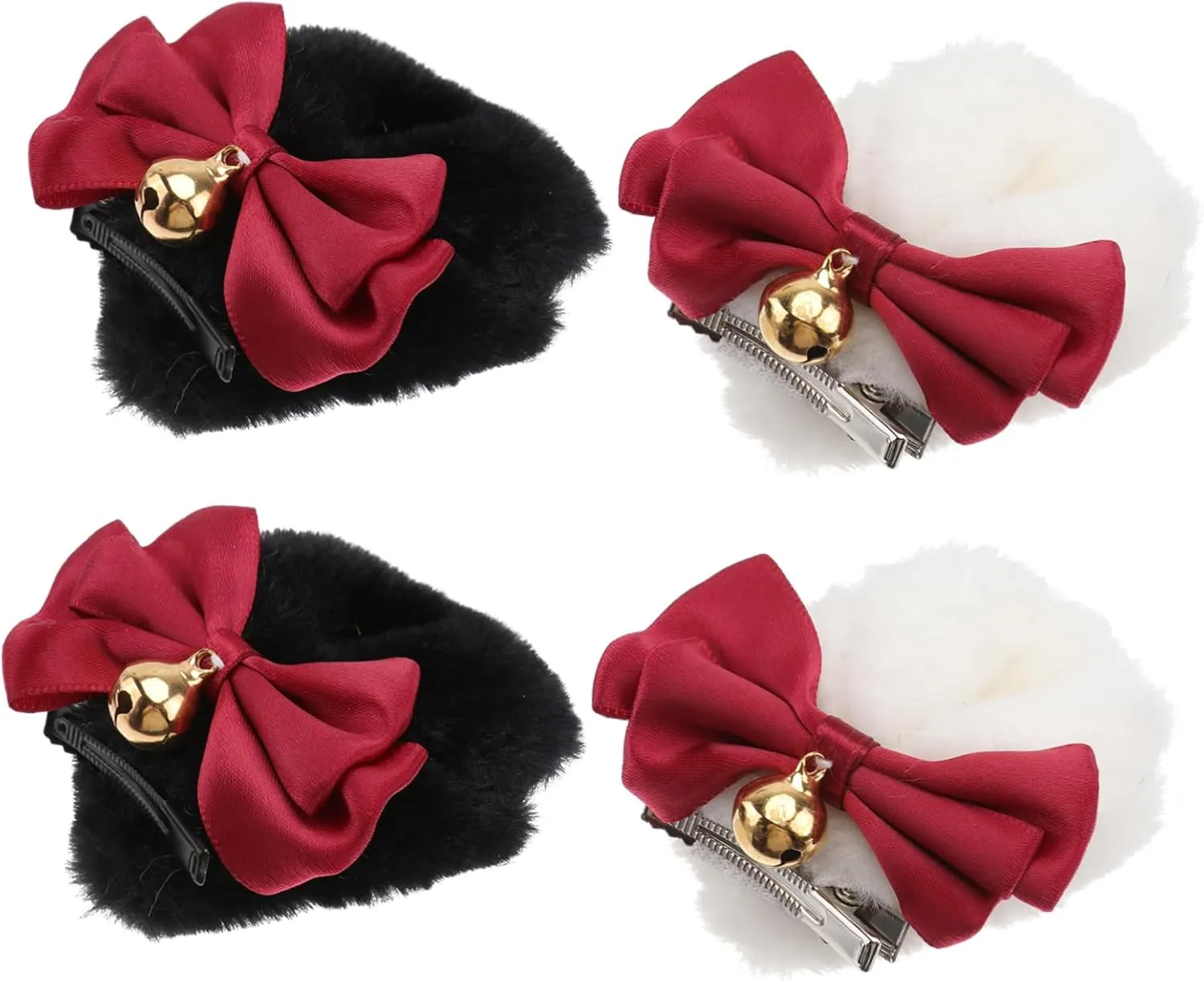 Zerodeko 2Pairs Adorable Plush Bear Ear Hair Clips with Bells Bowknot Hair Ornaments for Lovely Cosplay Headdress and Unique Hairpins