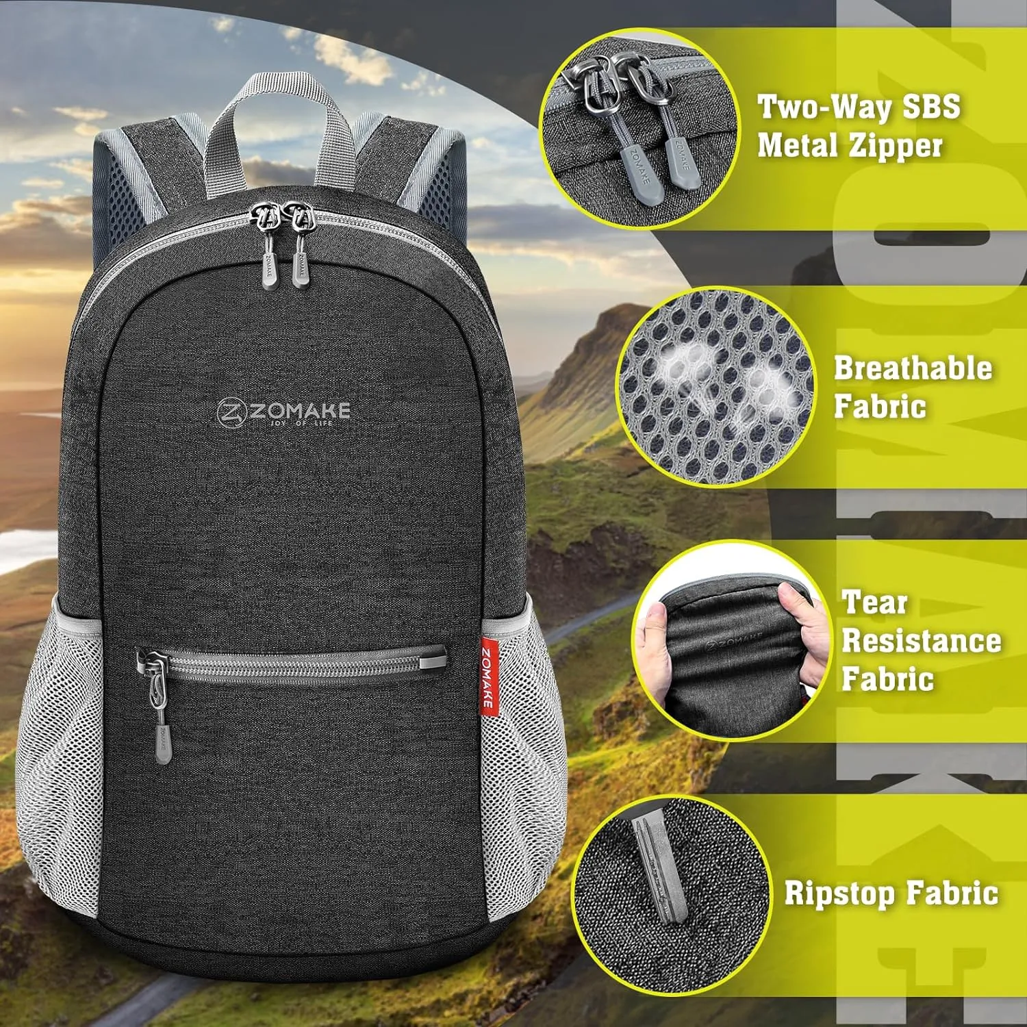 ZOMAKE 10L Lightweight Packable Hiking Backpack, Small Travel Hiking Daypack for Women Men Tear Resistant Foldable Day Pack for Camping Outdoor Sports(Black)