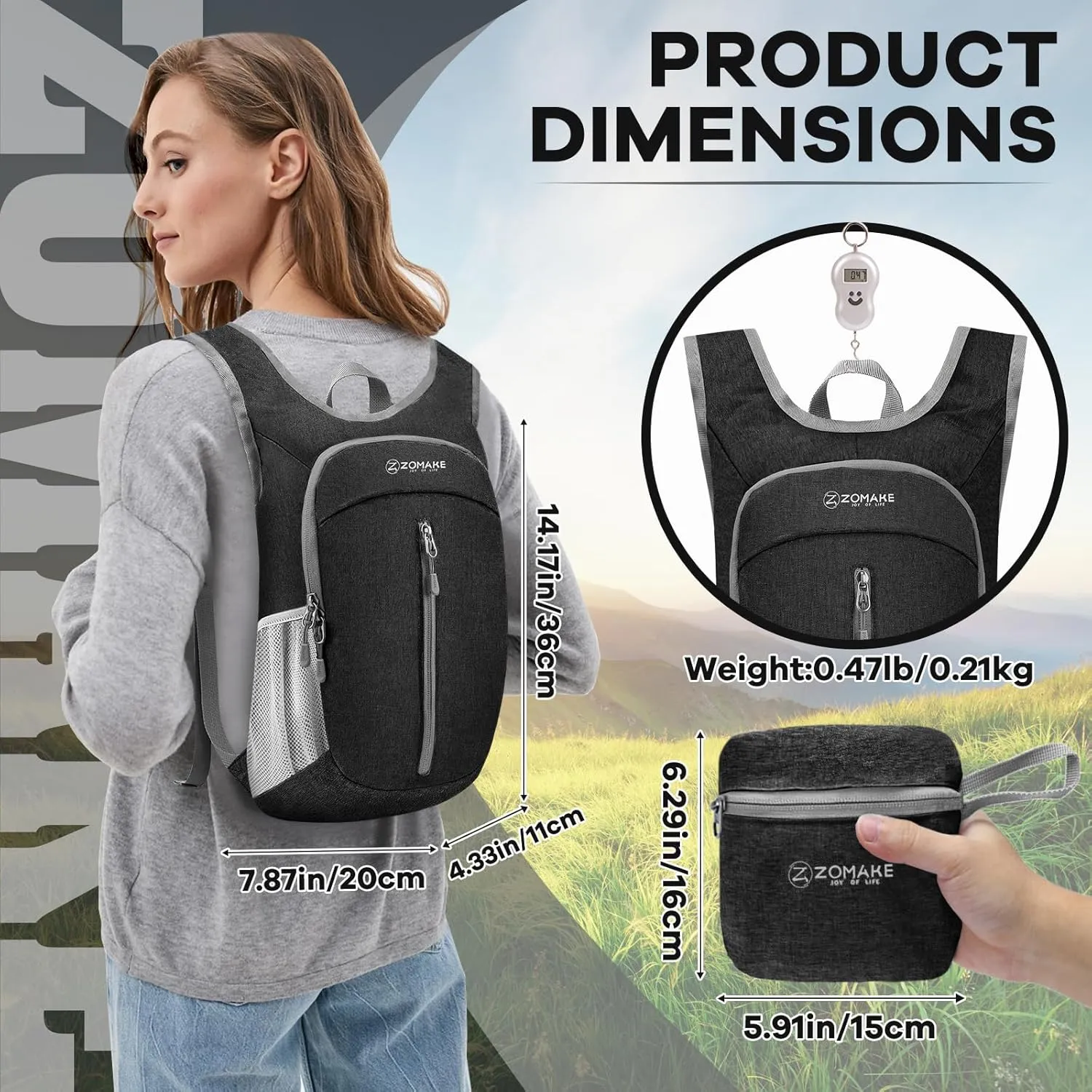 ZOMAKE 10L Ultra Lightweight Packable Backpack, Small Daypack Light Foldable Backpacks Water Resistant Day Bag for Hiking(Black)