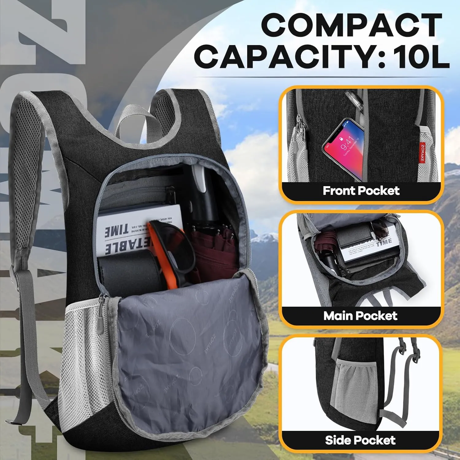 ZOMAKE 10L Ultra Lightweight Packable Backpack, Small Daypack Light Foldable Backpacks Water Resistant Day Bag for Hiking(Black)