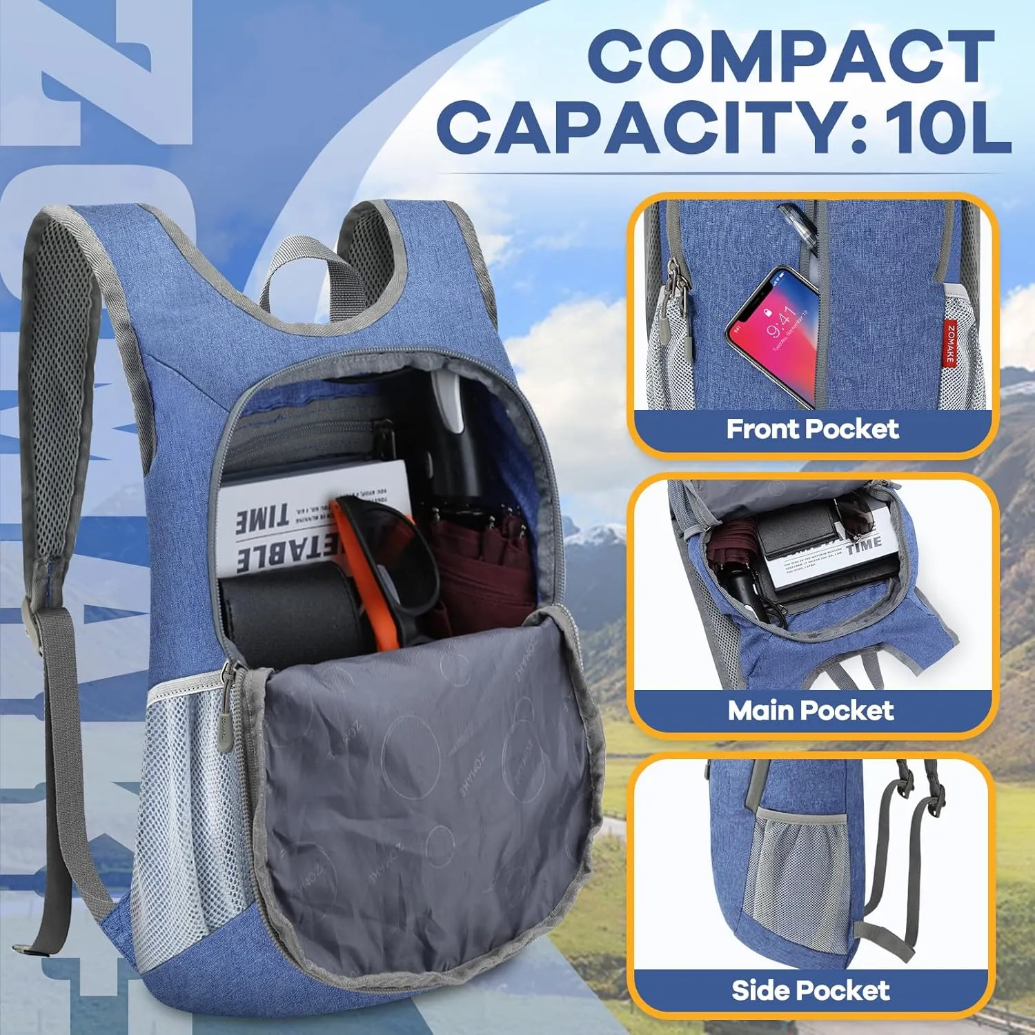 ZOMAKE 10L Ultra Lightweight Packable Backpack, Small Daypack Light Foldable Backpacks Water Resistant Day Bag for Hiking(Dark Blue)