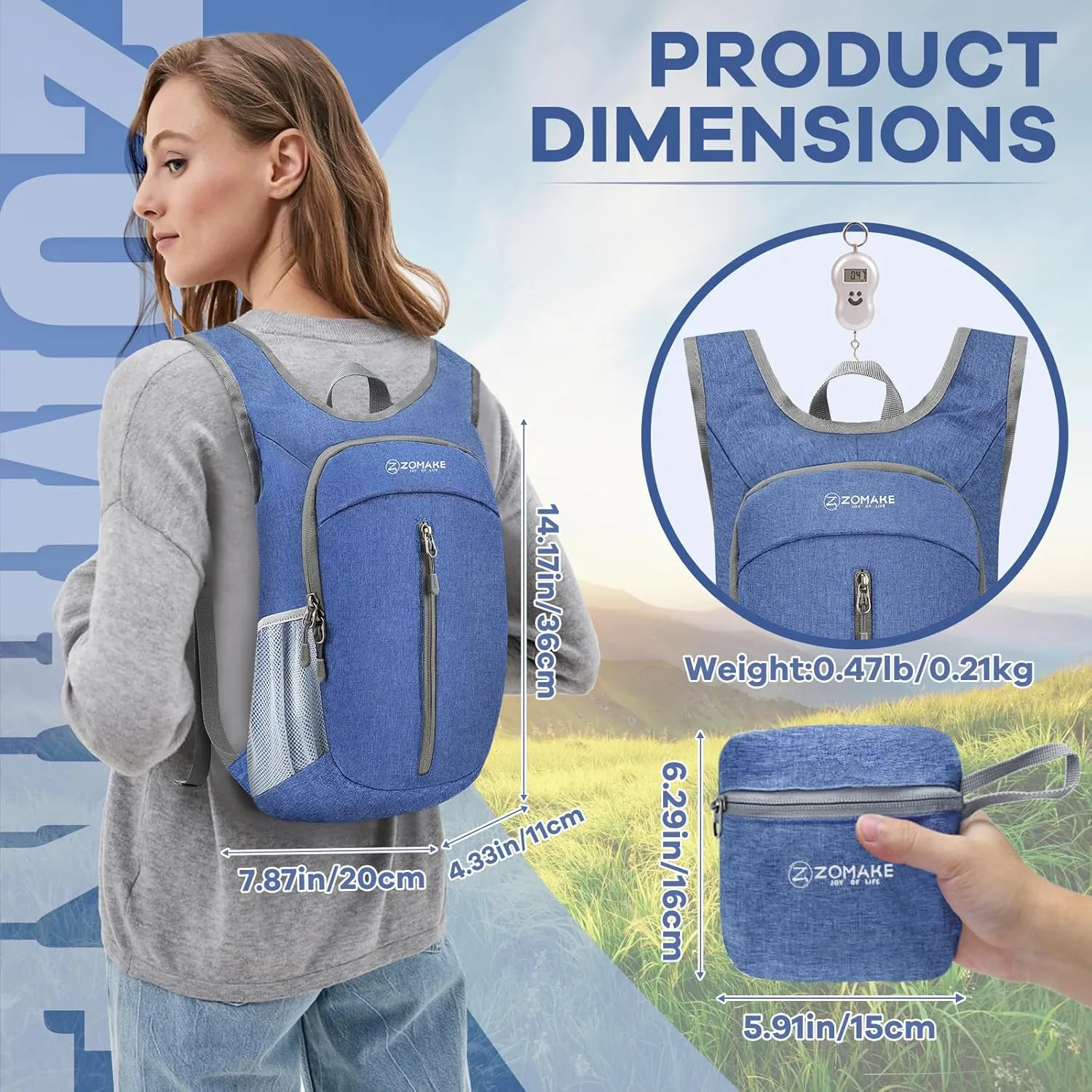 ZOMAKE 10L Ultra Lightweight Packable Backpack, Small Daypack Light Foldable Backpacks Water Resistant Day Bag for Hiking(Dark Blue)