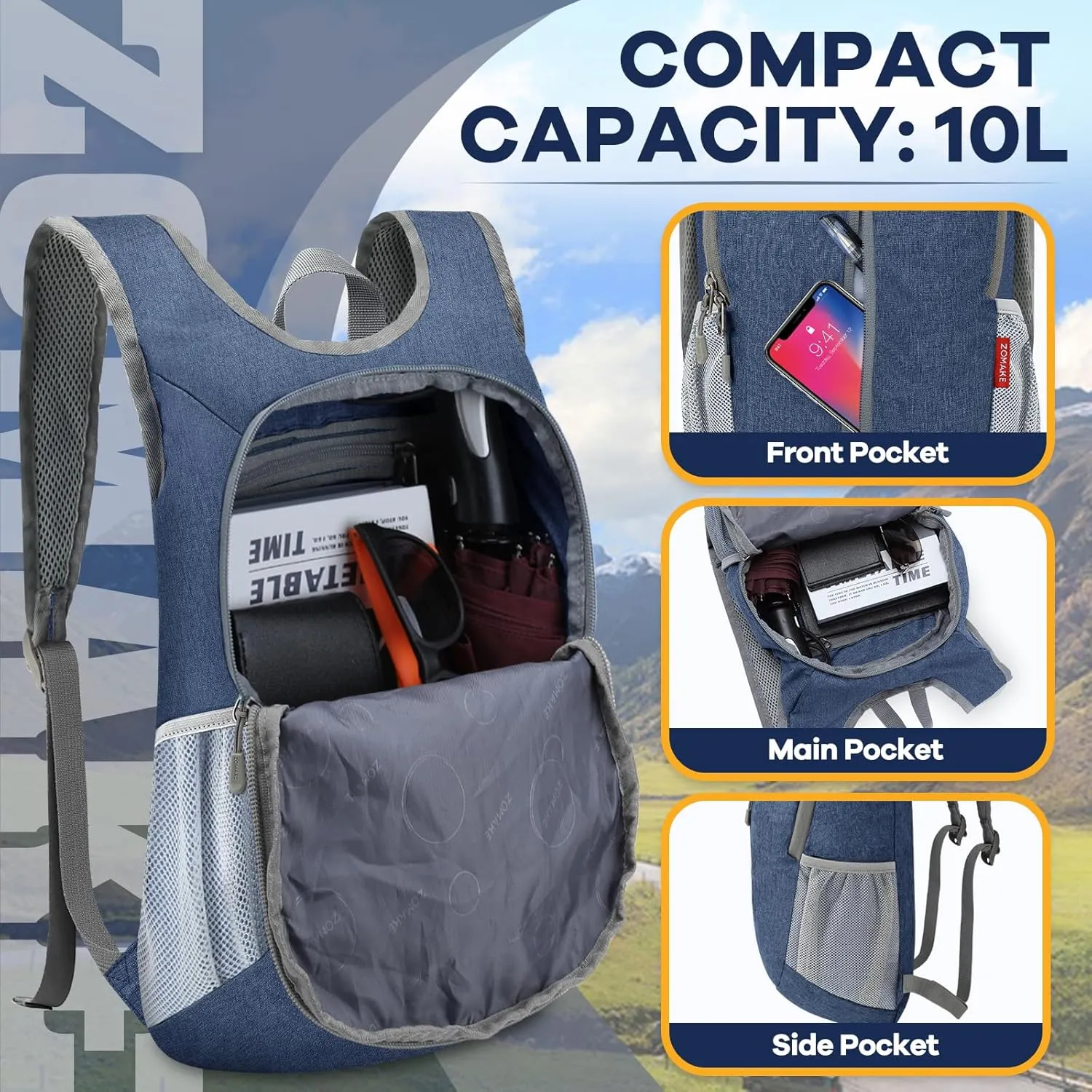 ZOMAKE 10L Ultra Lightweight Packable Backpack, Small Daypack Light Foldable Backpacks Water Resistant Day Bag for Hiking(Navy Blue)