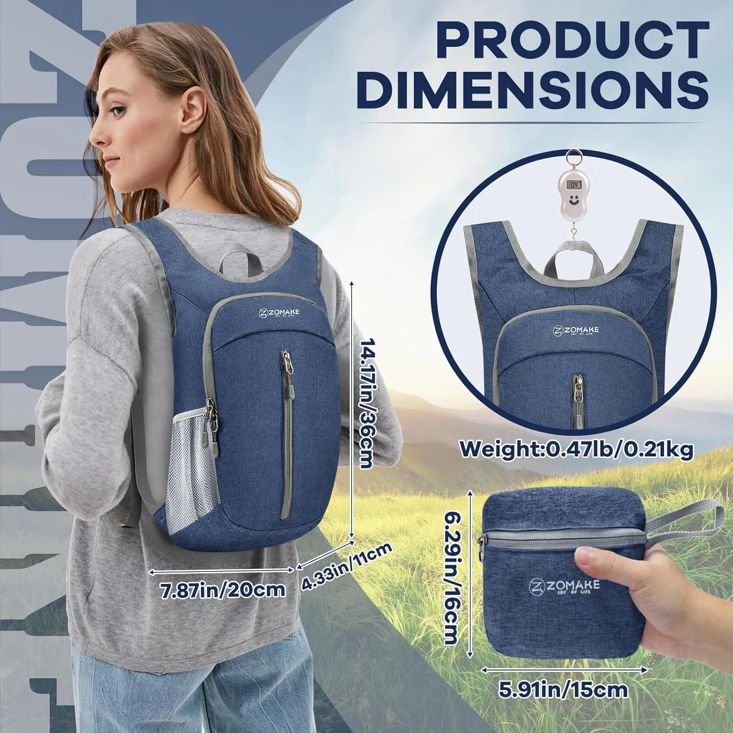 ZOMAKE 10L Ultra Lightweight Packable Backpack, Small Daypack Light Foldable Backpacks Water Resistant Day Bag for Hiking(Navy Blue)