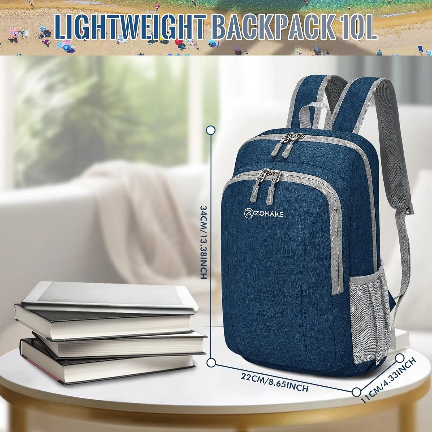 ZOMAKE Lightweight Backpack 10L, Small Daypack Hiking Backpacks Ultra Light Daypack Travel Day Bag Comping Daybag for Cruise(Dark Blue)