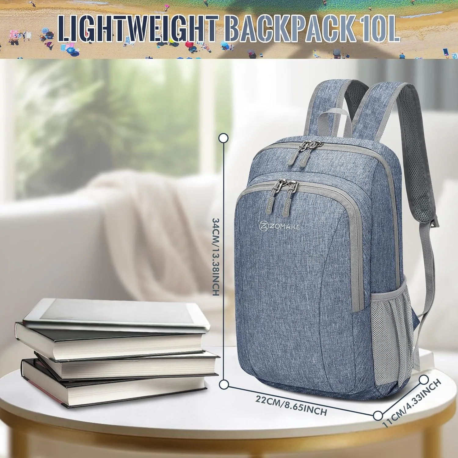 ZOMAKE Lightweight Backpack 10L, Small Daypack Hiking Backpacks Ultra Light Daypack Travel Day Bag Comping Daybag for Cruise(Navy Blue)