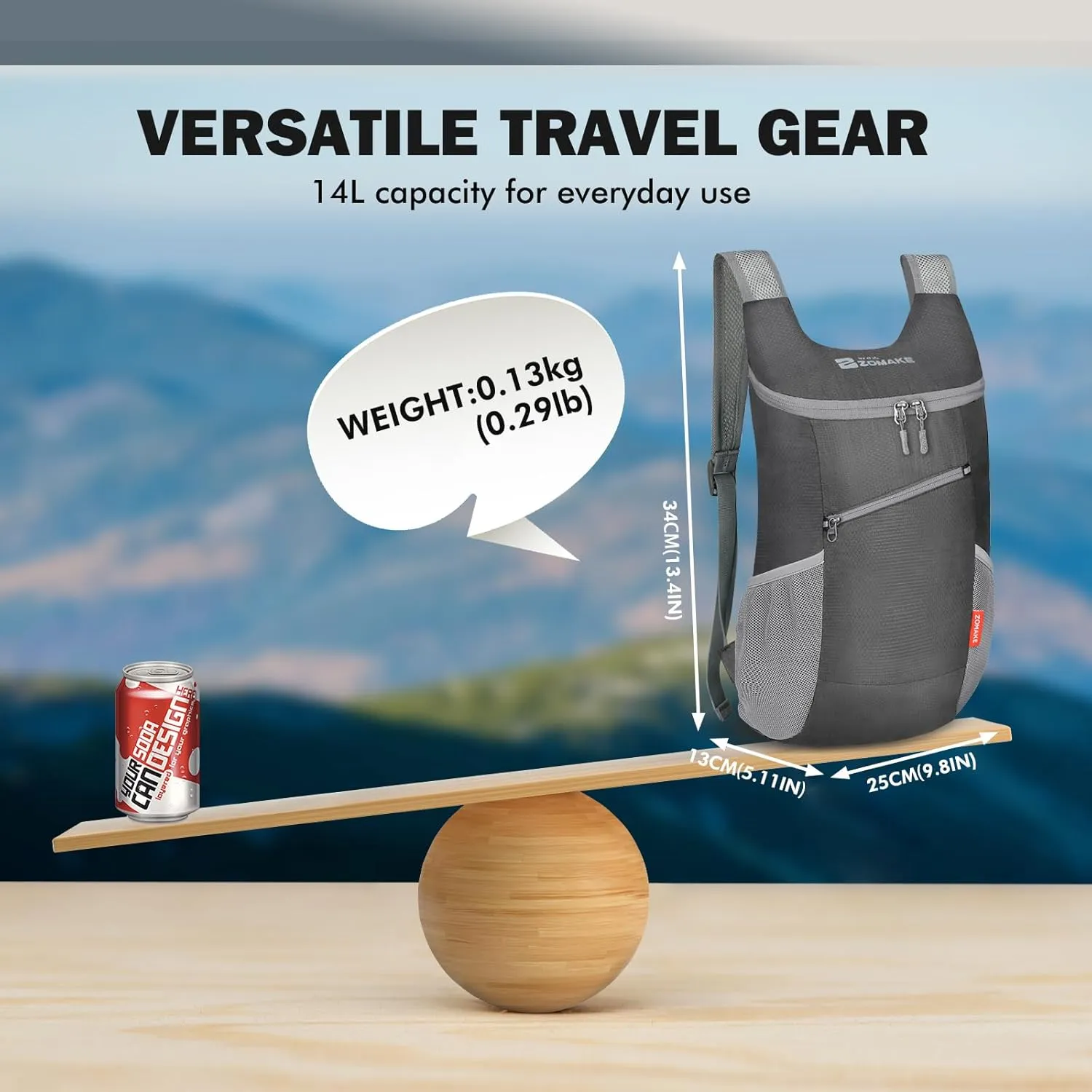 ZOMAKE Lightweight Packable Backpack 14L - Foldable Backpack Small Daypack Hiking Backpack Water-Resistant Day Bag for Travel(Medium Grey)