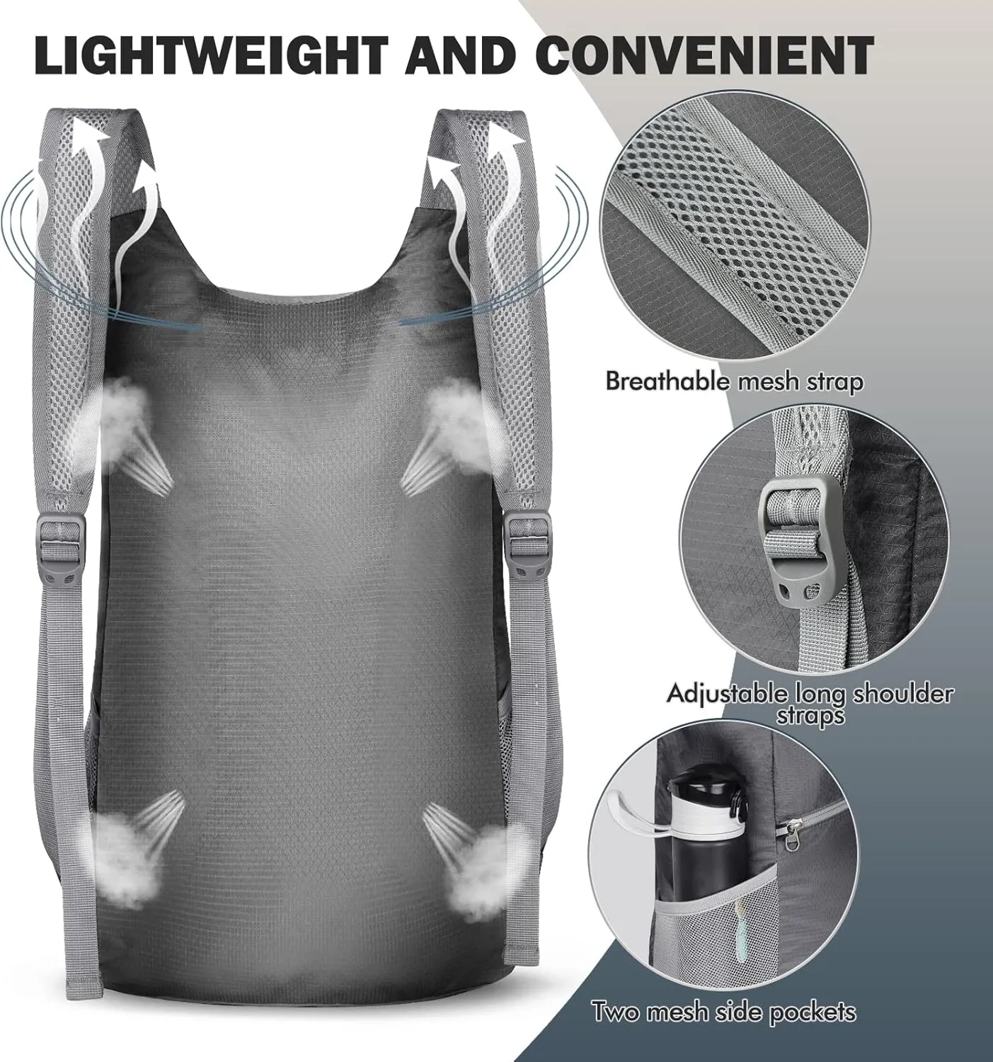ZOMAKE Lightweight Packable Backpack 14L - Foldable Backpack Small Daypack Hiking Backpack Water-Resistant Day Bag for Travel(Medium Grey)