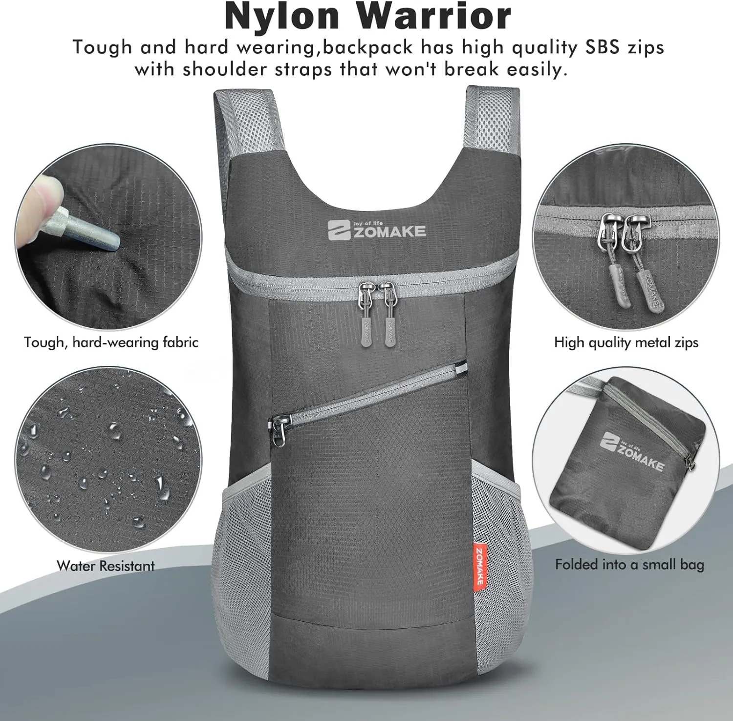 ZOMAKE Lightweight Packable Backpack 14L - Foldable Backpack Small Daypack Hiking Backpack Water-Resistant Day Bag for Travel(Medium Grey)