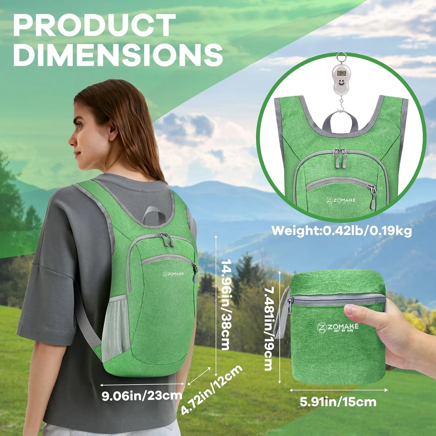 ZOMAKE Ultra Lightweight Packable Backpack, 10L Small Daypack Light Foldable Backpacks Water Resistant Day Bag for Hiking (Light Green)