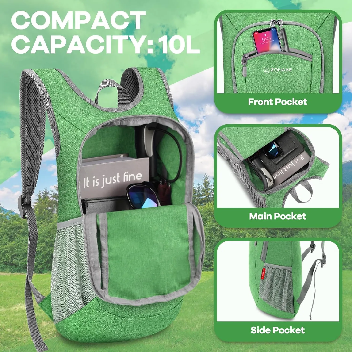 ZOMAKE Ultra Lightweight Packable Backpack, 10L Small Daypack Light Foldable Backpacks Water Resistant Day Bag for Hiking (Light Green)