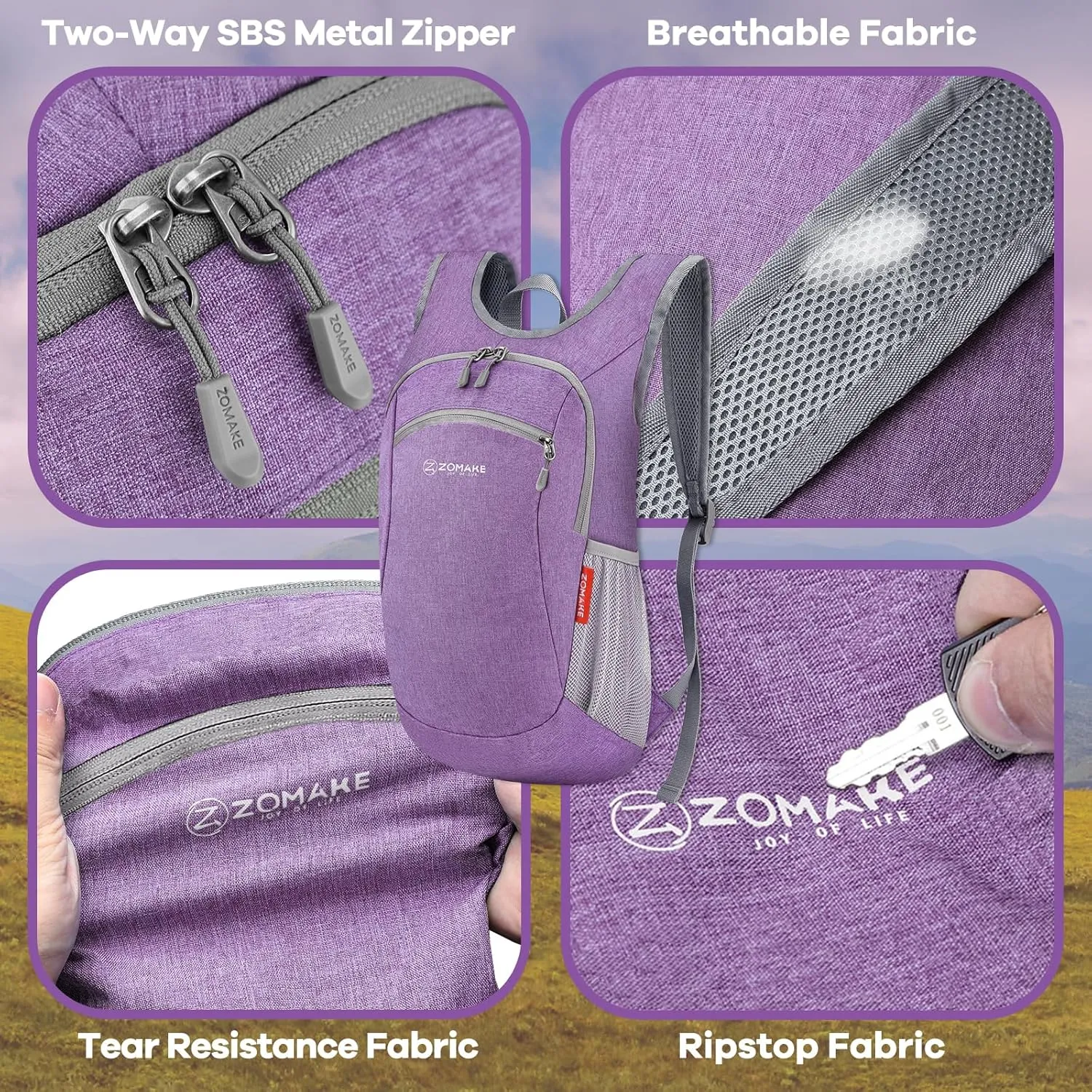 ZOMAKE Ultra Lightweight Packable Backpack, 10L Small Daypack Light Foldable Backpacks Water Resistant Day Bag for Hiking (Light Purple)