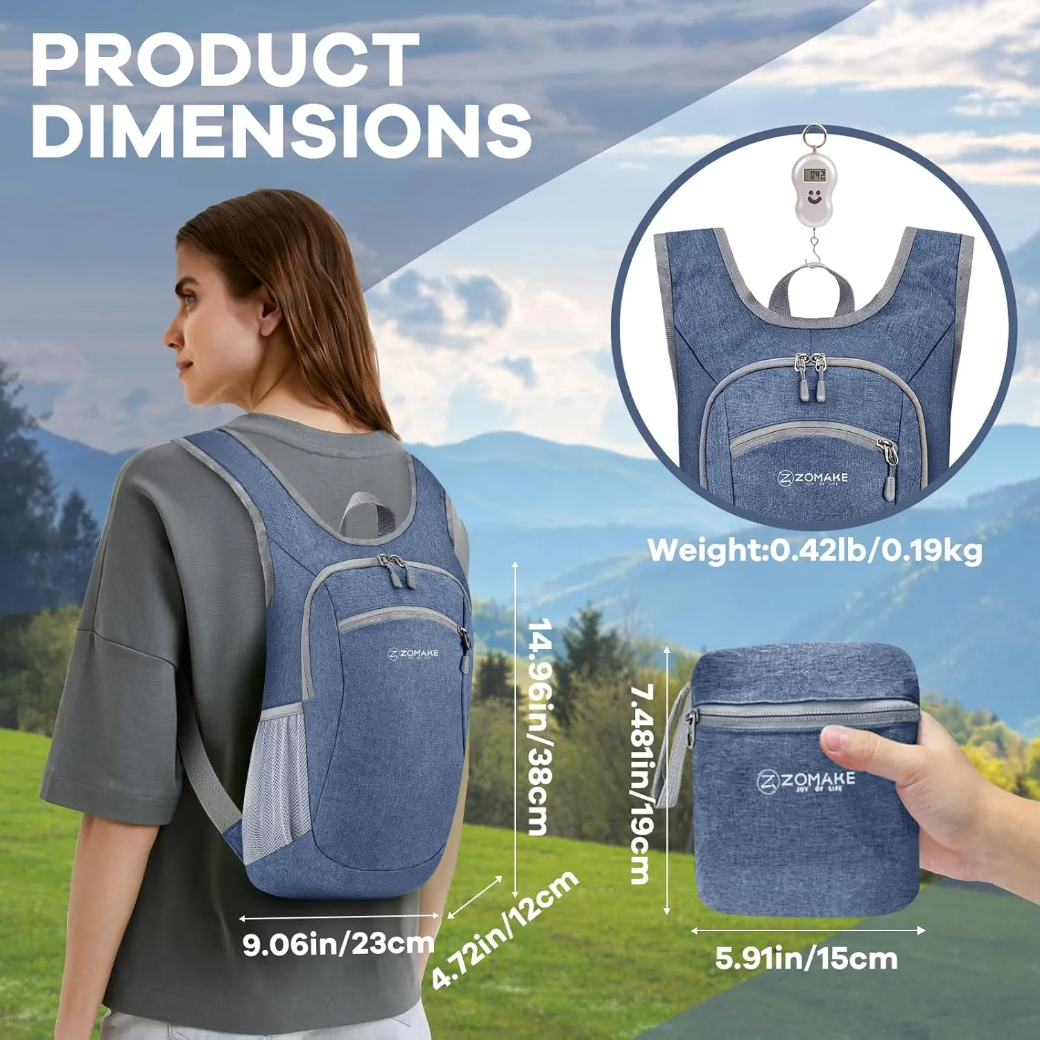 ZOMAKE Ultra Lightweight Packable Backpack, 10L Small Daypack Light Foldable Backpacks Water Resistant Day Bag for Hiking (Navy Blue)