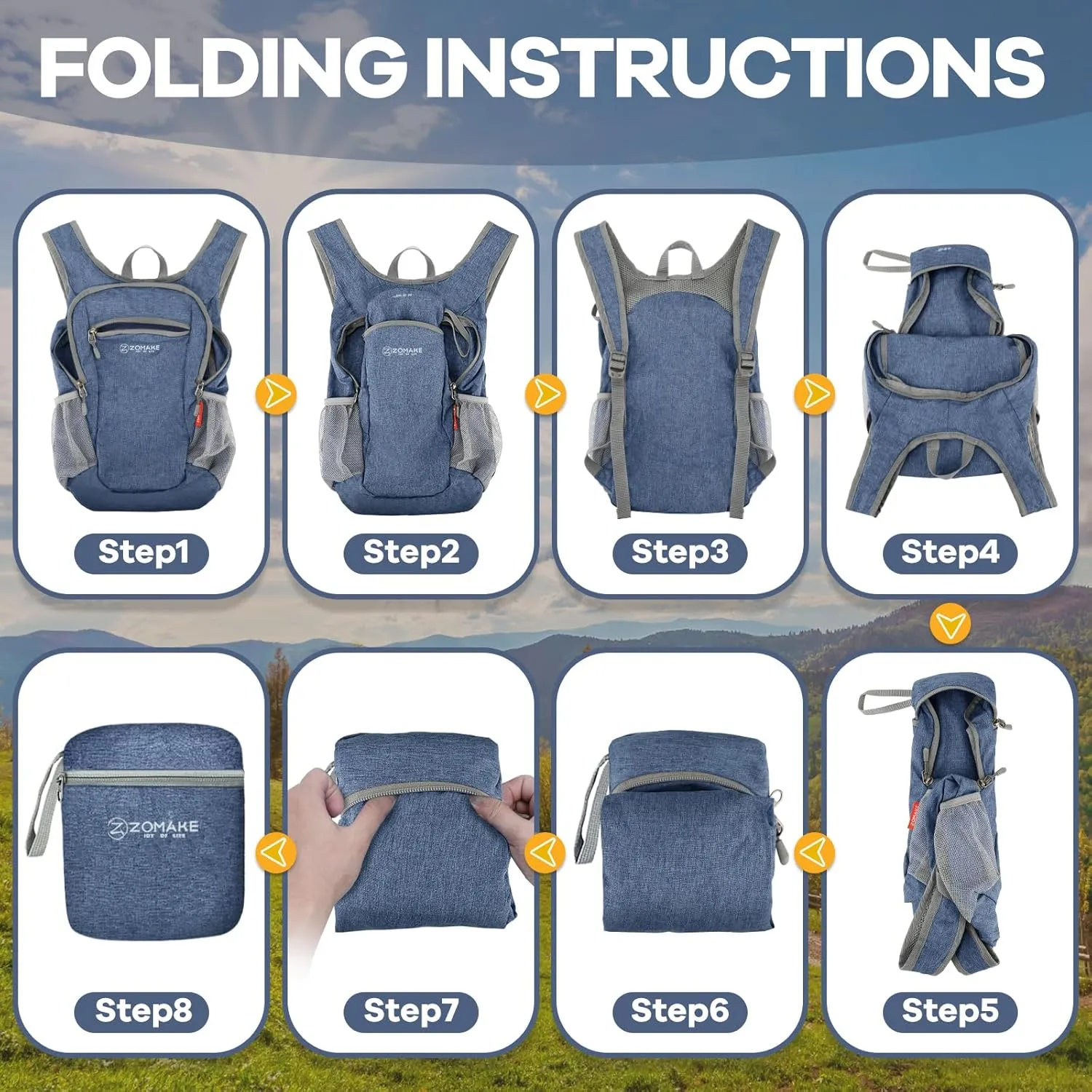 ZOMAKE Ultra Lightweight Packable Backpack, 10L Small Daypack Light Foldable Backpacks Water Resistant Day Bag for Hiking (Navy Blue)