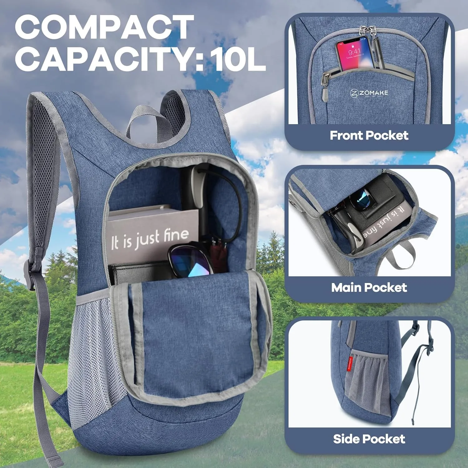 ZOMAKE Ultra Lightweight Packable Backpack, 10L Small Daypack Light Foldable Backpacks Water Resistant Day Bag for Hiking (Navy Blue)