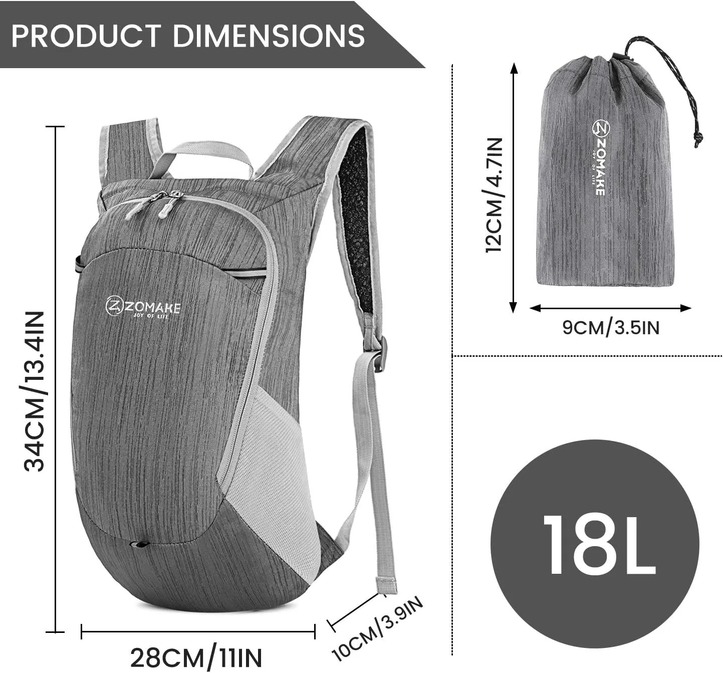 ZOMAKE Ultra Lightweight Packable Backpack 18L, Small Foldable Hiking Backpacks Water Resistant Folding Daypack for Travel(Medium Grey)