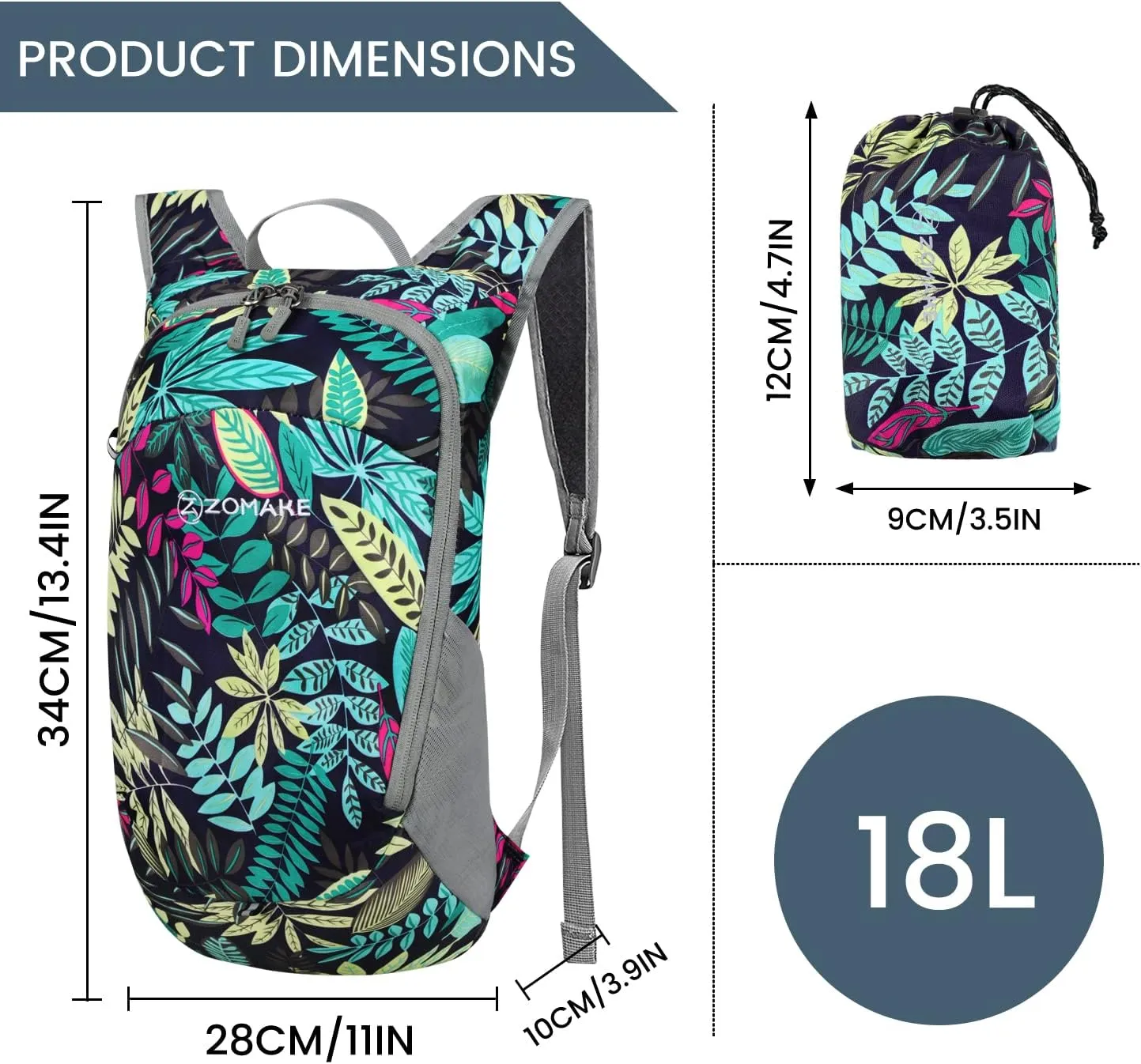 ZOMAKE Ultra Lightweight Packable Backpack 18L, Small Foldable Hiking Backpacks Water Resistant Folding Daypack for Travel(Mixed Color-Leaves)